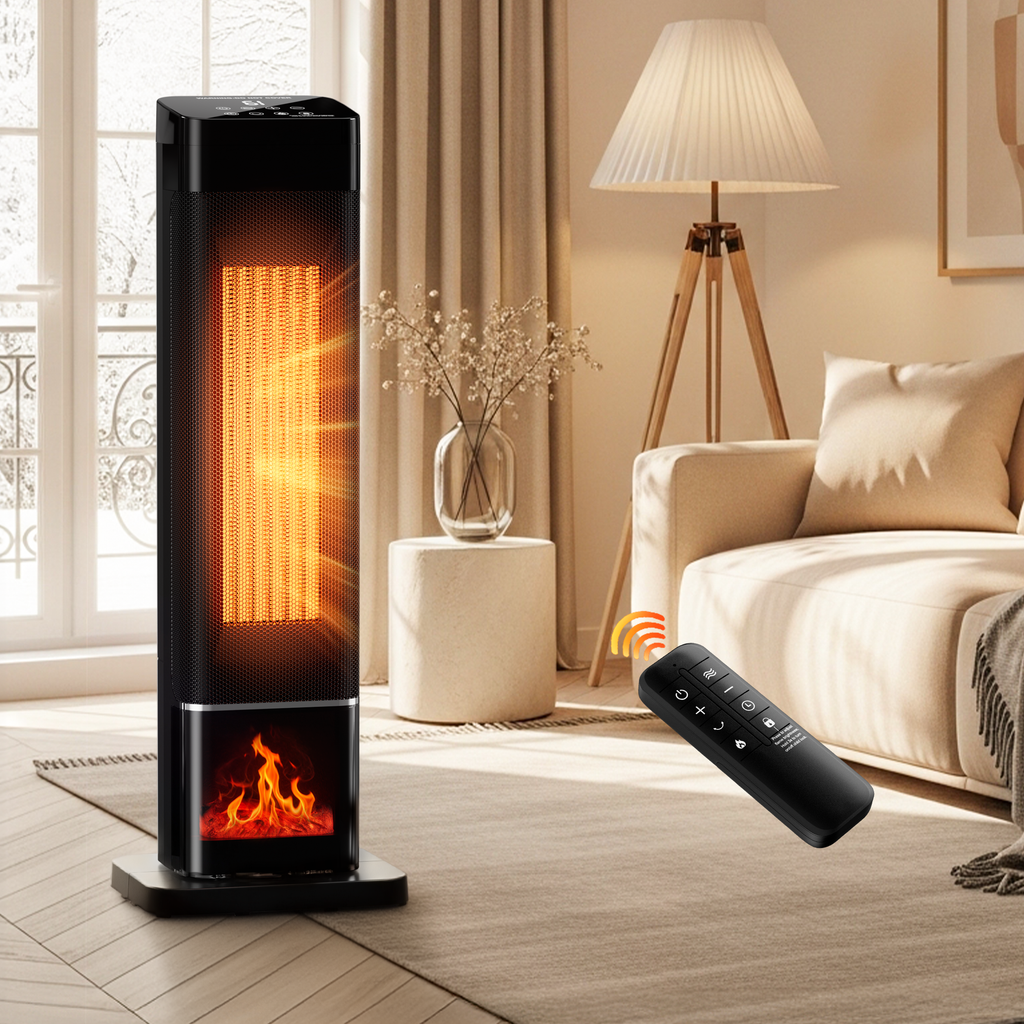 Space Heater for Indoor Use, 1500W Portable Electric Heater with Thermostat, 120° Oscillation, 24H Timer, Remote Control, Ceramic Tower Heater Fan for Large Room, Bedroom, Office, Garage, 23"
