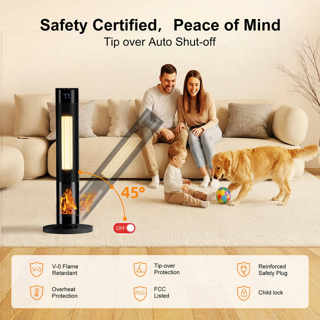 Space Heater for Indoor Use, 1500W PTC Ceramic Heater with Flame Effect, 90° Oscillating Tower Heater with Thermostat & Remote, for Large Room, Bedroom, Office, Home, Matte Black