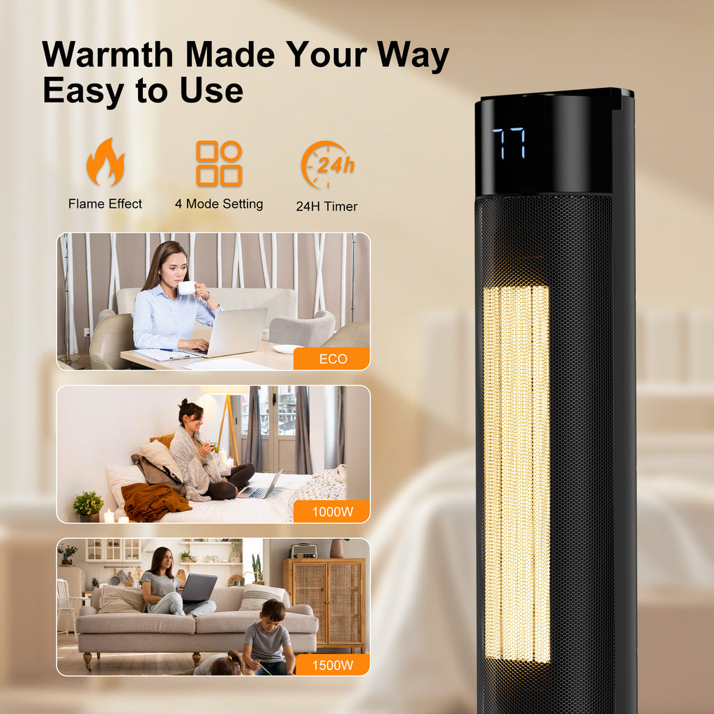 Space Heater for Indoor Use, 1500W PTC Ceramic Heater with Flame Effect, 90° Oscillating Tower Heater with Thermostat & Remote, for Large Room, Bedroom, Office, Home, Matte Black