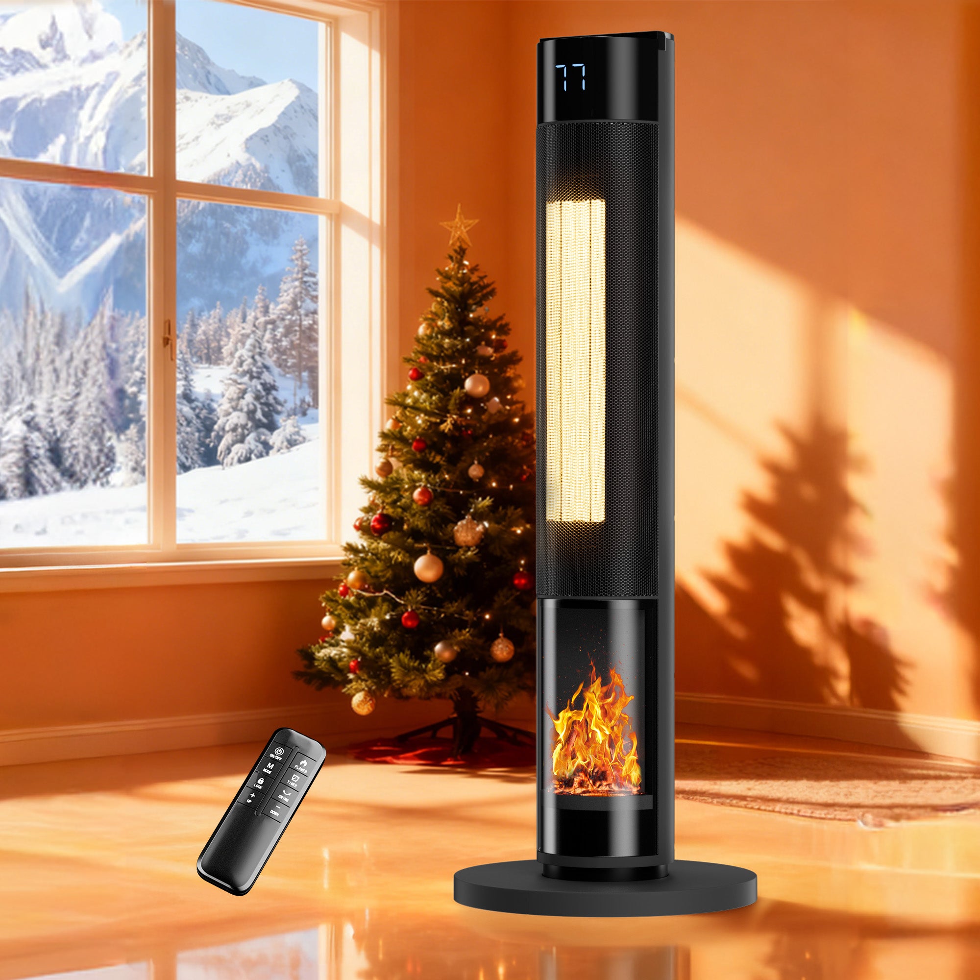 Space Heater for Indoor Use, 1500W PTC Ceramic Heater with Flame Effect, 90° Oscillating Tower Heater with Thermostat & Remote, for Large Room, Bedroom, Office, Home, Matte Black
