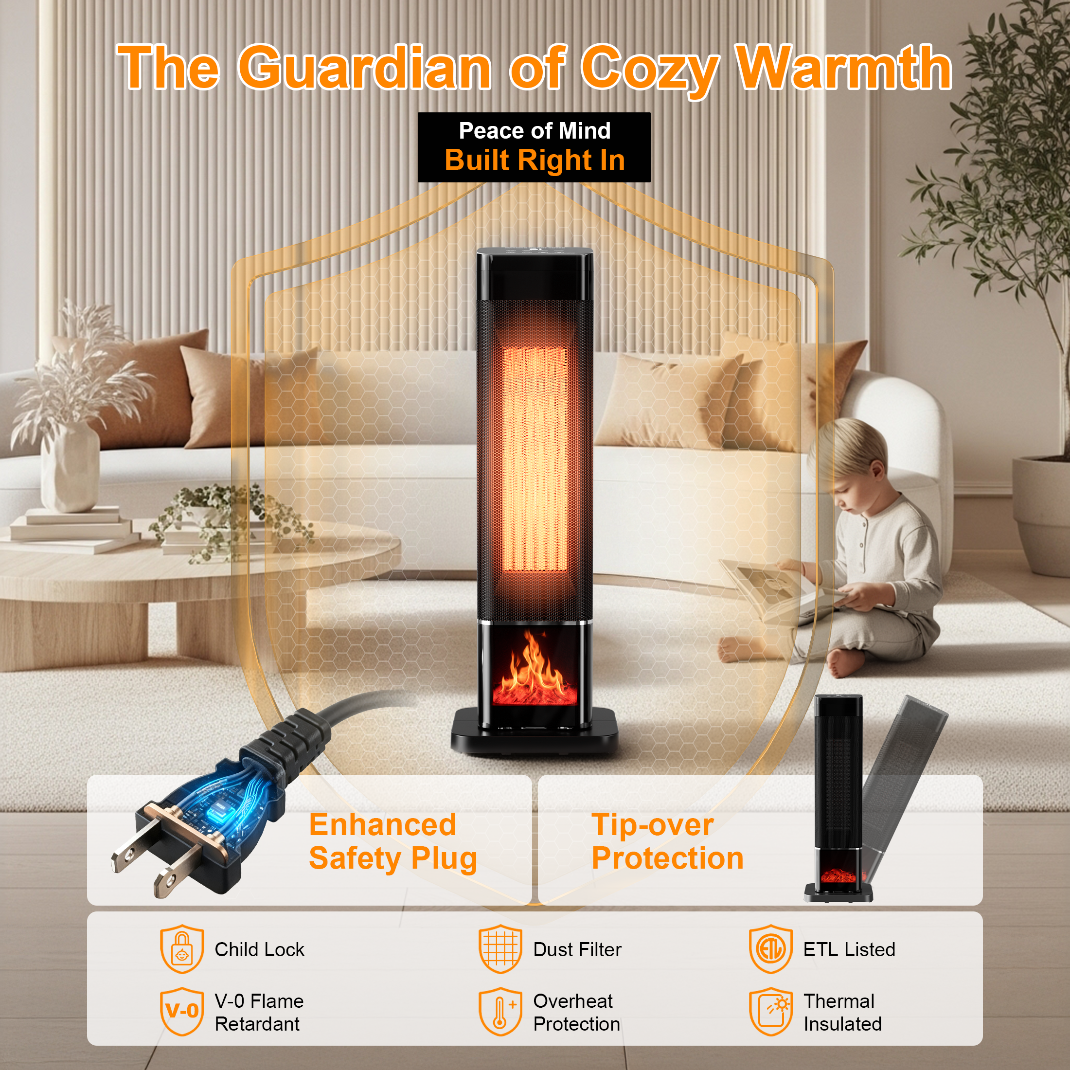 Space Heater for Indoor Use, 1500W Portable Electric Heater with Thermostat, 120° Oscillation, 24H Timer, Remote Control, Ceramic Tower Heater Fan for Large Room, Bedroom, Office, Garage, 23"
