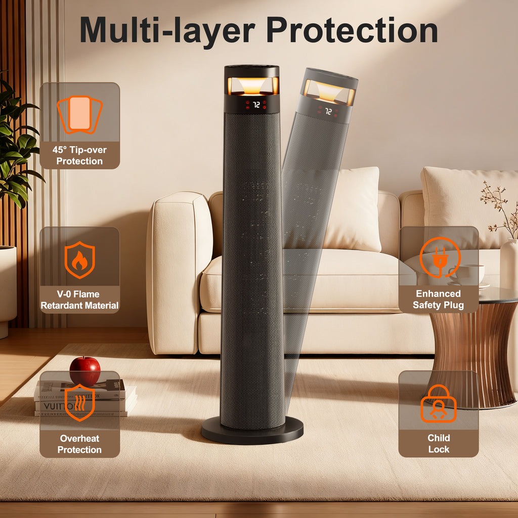 YEW Space Heater for Indoor Use, 34" Electric Heater with Remote and Thermostat, 3 Modes, Overheating & Tip-Over Protection, Portable Heater for Large Room, Bedroom, Office, Black