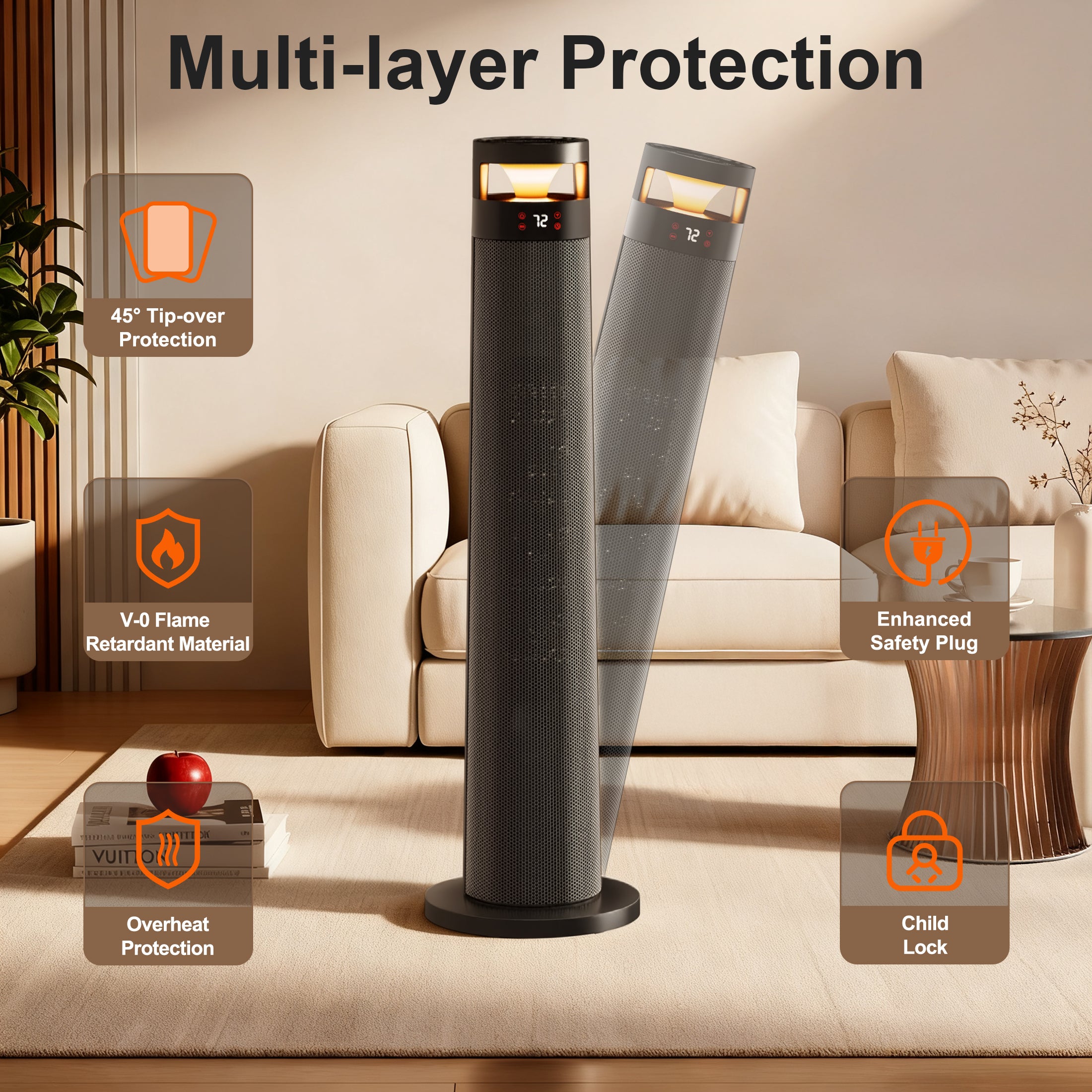 YEW Space Heater for Indoor Use, 34" Electric Heater with Remote and Thermostat, 3 Modes, Overheating & Tip-Over Protection, Portable Heater for Large Room, Bedroom, Office, Black