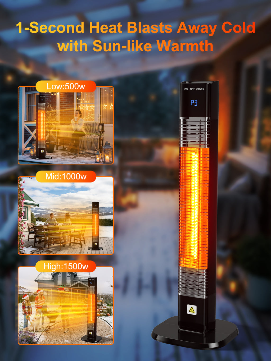 YEW 33" Outdoor Patio Heater with Remote, 24H Timer & 1S Fast Heat, Carbon Fiber Heating Tube, 3 Heat Levels, Tip-Over and Overheat Protection, Electric Space Heaters for Backyard, Garage