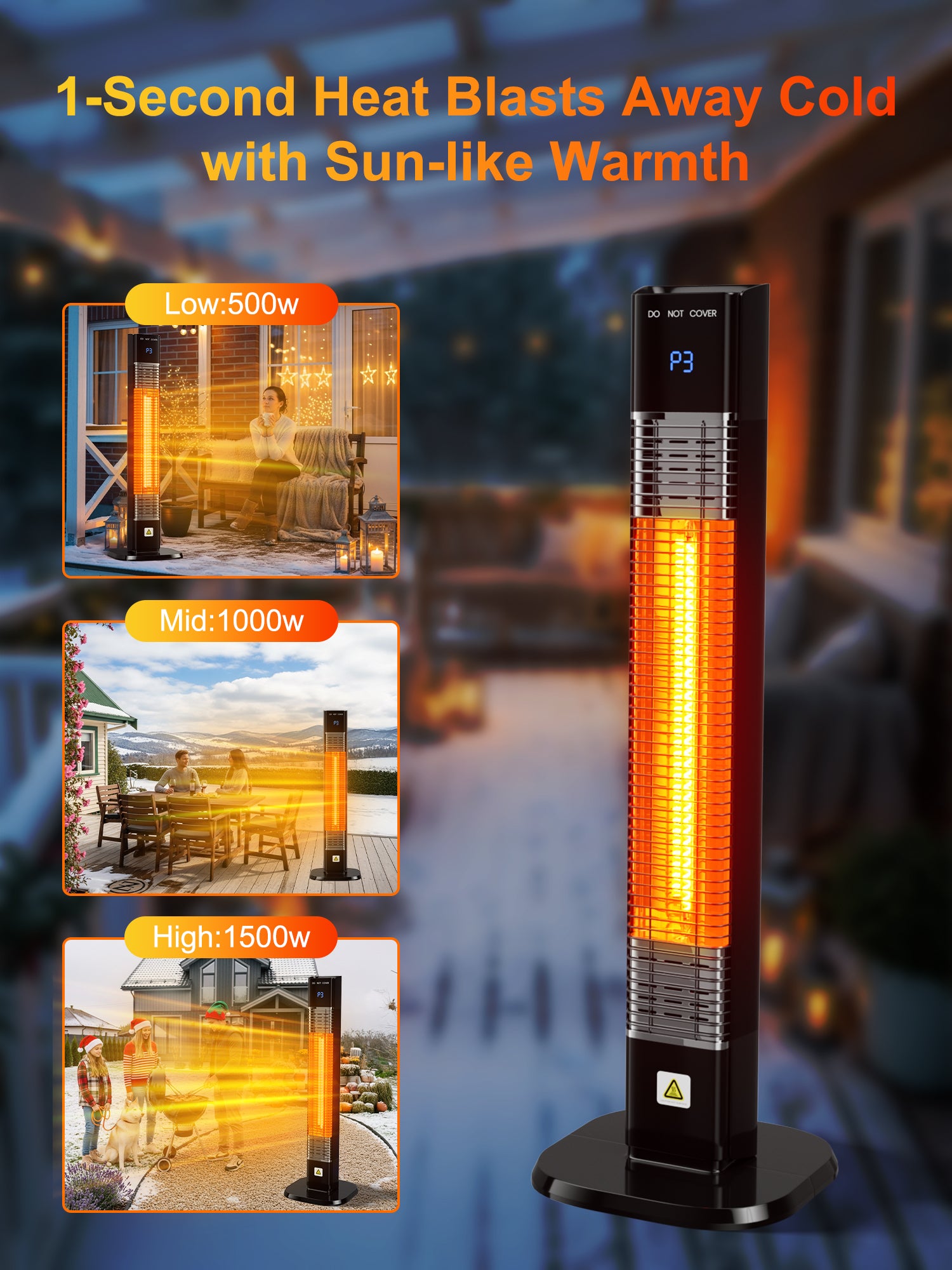 YEW 33" Outdoor Patio Heater with Remote, 24H Timer & 1S Fast Heat, Carbon Fiber Heating Tube, 3 Heat Levels, Tip-Over and Overheat Protection, Electric Space Heaters for Backyard, Garage