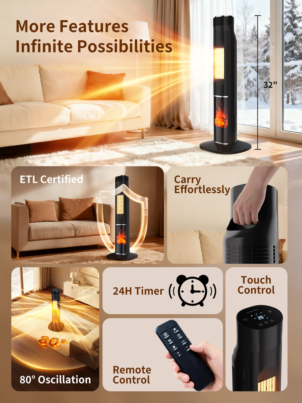 YEW Space Heater for Indoor Use, 1500W PTC Ceramic Heater with 3D Flame, 80° Oscillating Tower Heater with Thermostat & Remote for Large Room, Bedroom, Office, Home