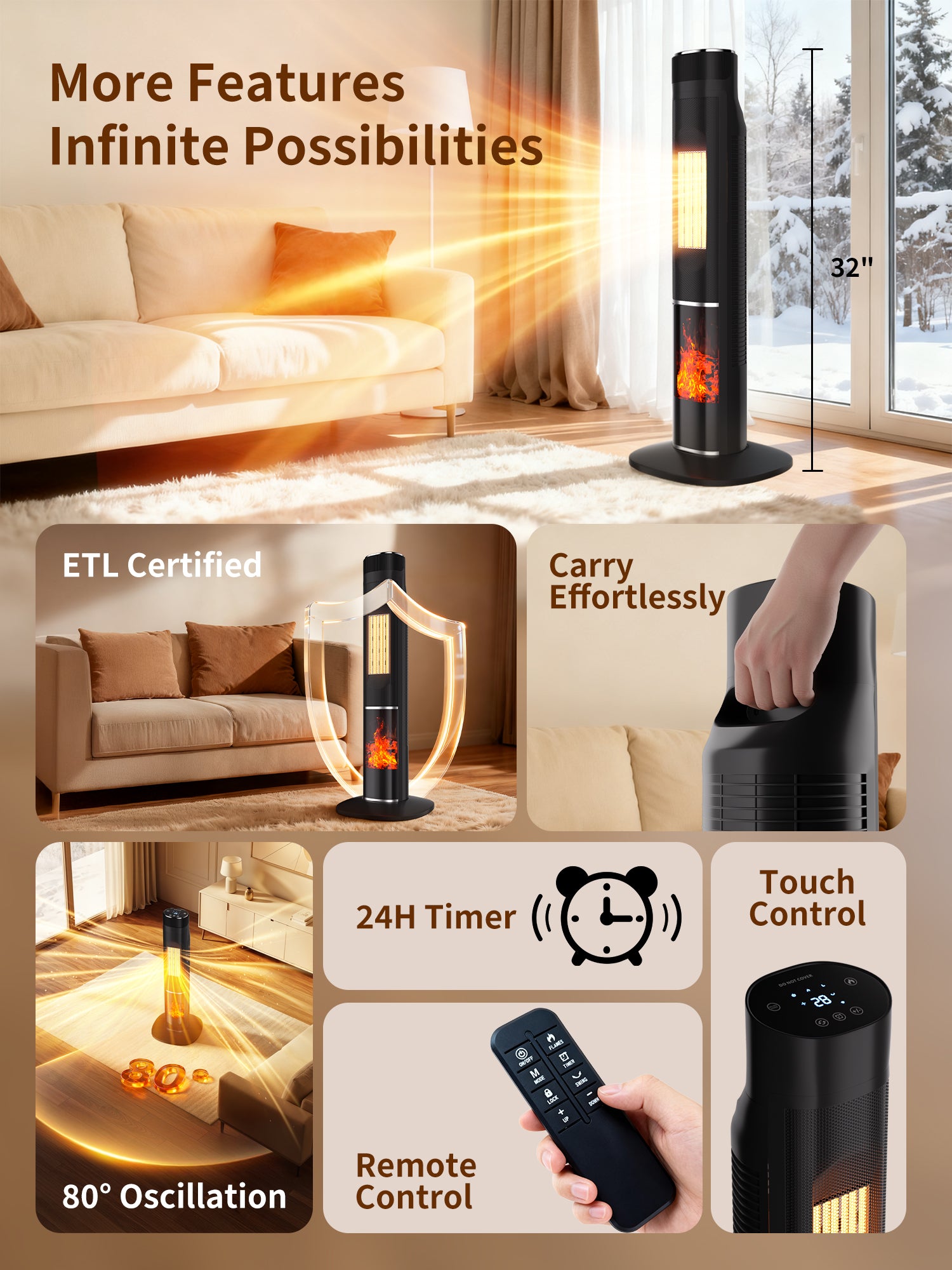 YEW Space Heater for Indoor Use, 1500W PTC Ceramic Heater with 3D Flame, 80° Oscillating Tower Heater with Thermostat & Remote for Large Room, Bedroom, Office, Home