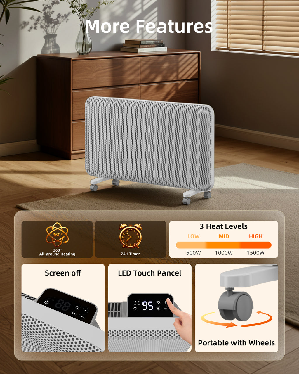 YEW Convection Infrared Space Heaters, 1500W Electric Heater with Whole-Room Heating, Remote,24H Timer, Thermostat,Standing or Wall Mount, Energy Efficient Quiet Heater for Indoor Bedroom, Office
