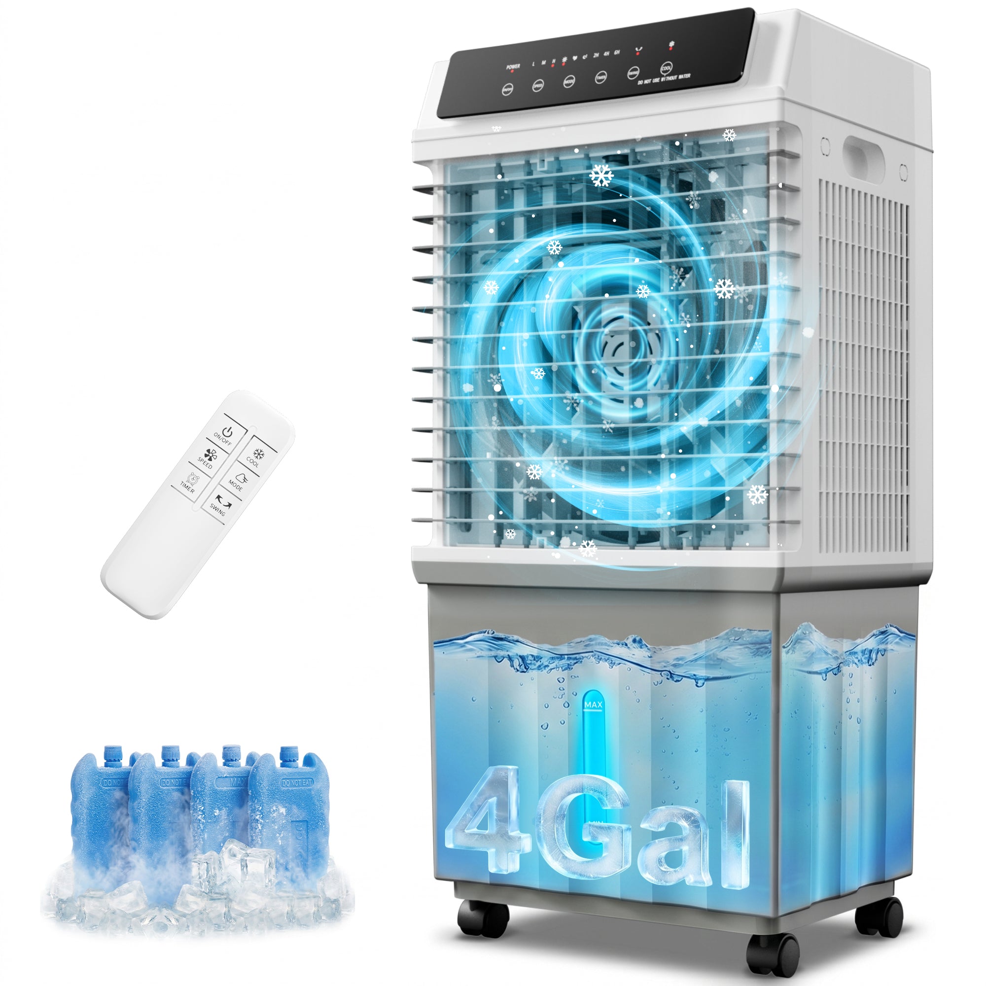 YEW Portable Swamp Cooler Air Conditioner, 3 IN 1 Evaporative Air Cooler with 4 Gal Removable Water Tank & 4 Ice Box,120°Oscillation,3 Speeds,Remote,12H Timer,Cooling Fan for Bedroom Room Garage Patio