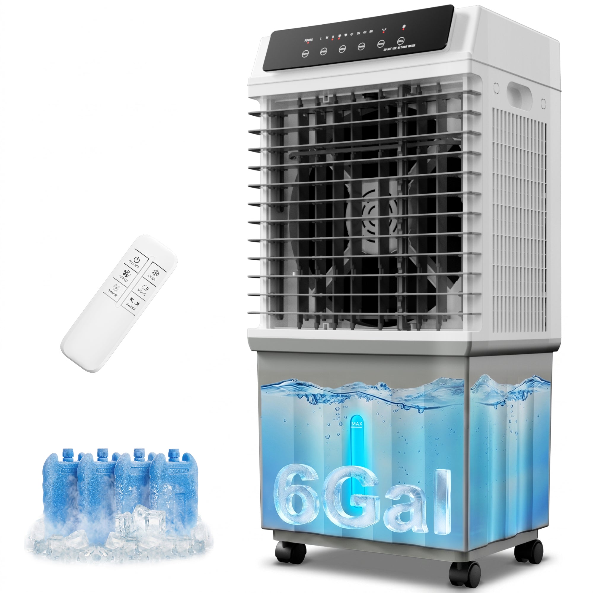 YEW Portable Swamp Cooler Air Conditioner, 3 IN 1 Evaporative Air Cooler with 6 Gal Removable Water Tank & 4 Ice Box,120°Oscillation,3 Speeds,Remote,12H Timer,Cooling Fan for Bedroom Room Garage Patio